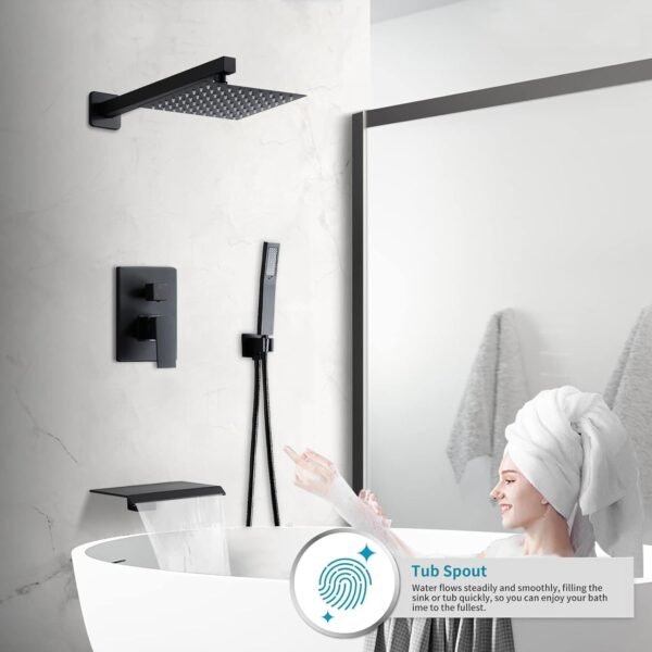 Matte Black Faucet Set Shower Head with Tub Spout and Handle System Square Wall Mount for Bathroom