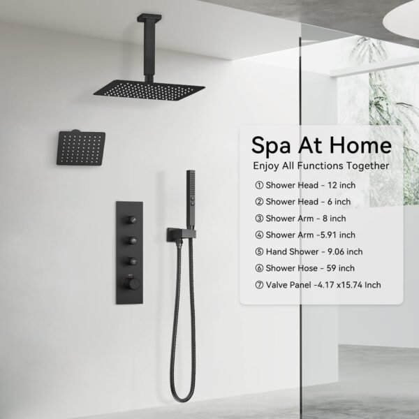 Thermostatic Shower System,Shower Faucet Set,12 Inch Ceiling Mounted and 6 Inch Wall Mount Rain Shower Head with 2 in 1 Handhled,Push Button Diverter Dual Shower Head Combo Set Matte Black