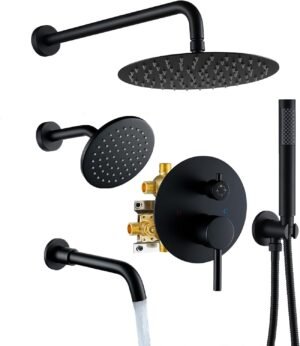 CASAINC 4 Functions Shower Faucet Set Wall Mounted Rainfall Shower System with 10" & 6" Dual Showerheads,Handheld and Bathtub Spout, Matte Black