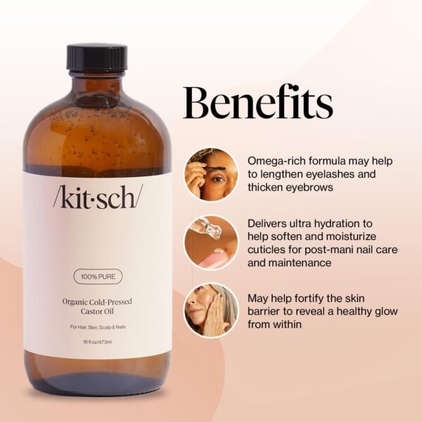 61xmTXQyMqL._SL1280_.jpg Kitsch Organic Castor Oil for Hair Growth - 100% Pure Castor Oil, Organic Cold Pressed Unrefined Glass Bottle for Face, Skin, Lashes, Brows, Scalp, Nails & Belly Button - Hexane Free, USDA - 16 oz