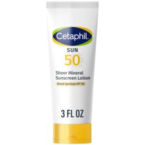 CETAPHIL Sheer Mineral Sunscreen Lotion for Face & Body 3 fl oz 100% Mineral UVA/UVB Filters: Zinc Oxide & Titanium Dioxide Broad Spectrum SPF 50 For Sensitive Skin Dermatologist Recommended Brand