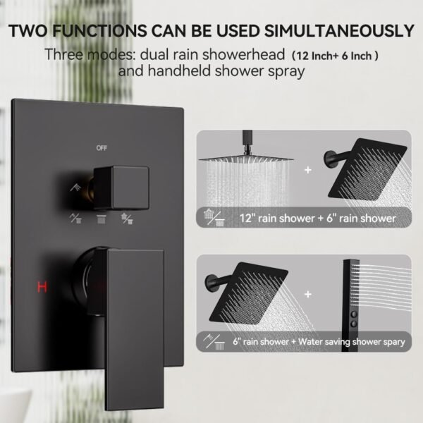 Shower Faucet Sets Shower Systems Matte Black, STARBATH 12+6" Double Rain Shower Head with with 2 in 1 Handheld High Pressure Spray,Ceiling Mount Rainfall 3 Way Shower Valve with 5 Diverter Complete
