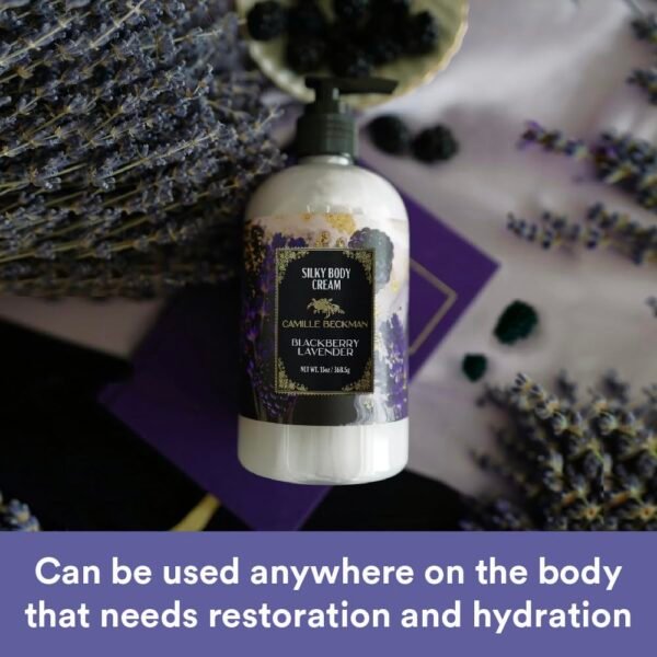 Camille Beckman Blackbery Lavender Scented Silky Body Cream, Daily Moisturizer for All Skin Types, Non-Greasy Vegan Formula to Nourish and Soften Hands and Body, 13 Ounce