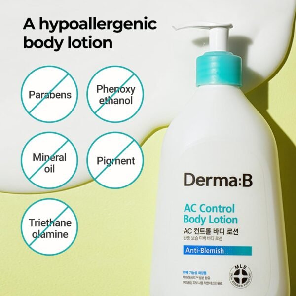 61zPXFnS-hL._SL1000_.jpg Derma B | AC Control Body Lotion | Moisturizer for Anti-Blemish & Pimples | Water-Oil Control | Hypoallergenic Solution for All Skin Types | Body Cream for Soothing & Refreshing | 13.52 fl oz (400ml)