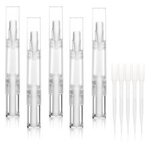 5 pack 5ml Transparent Twist Pen for Cuticle Oil Applicator, Empty Nail Oil Pen with Brush Tip, Eyelash Growth Liquid Tube, Cosmetic Lip Gloss Container (5x)