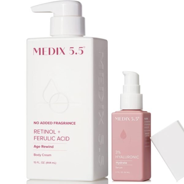 MEDIX Fragrance Free Firming Retinol Body Lotion + 3% Hyaluronic Acid Serum Booster 2pc Skin Care Set | Crepey Skin Care Treatment | Anti Aging Body Cream & Face Moisturizer For Crepe Skin & Dry Skin