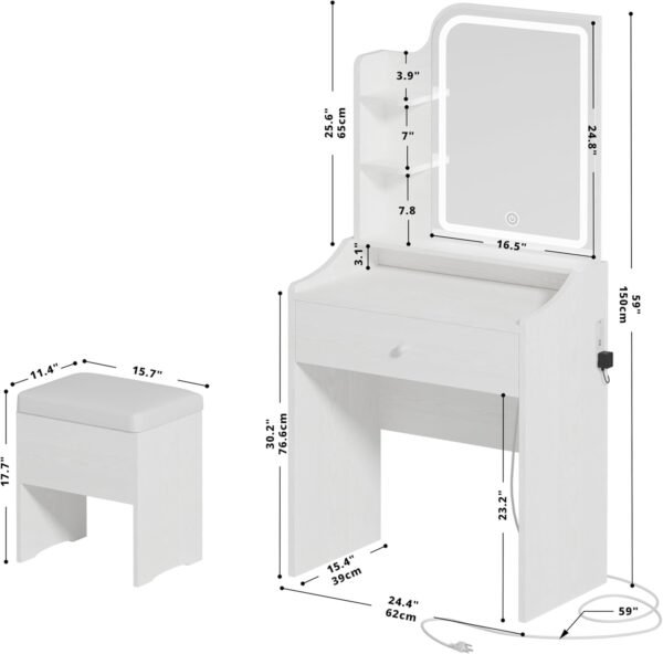 LIKIMIO Small Makeup Vanity Desk with Mirror and Lights, Vanity Table Set with Storage Drawer, Chair and Three Shelves, Bedroom, White