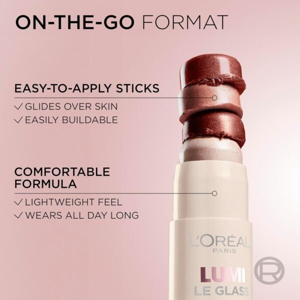 L'Oreal Paris True Match Lumi Le Glass Highlighter Stick, Reflective, Translucent, Glassy Highlighter for Face and Body, 620 Pink Ballet, 0.25 Oz