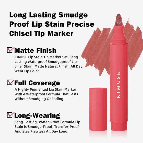 71FKgTv3zL._SL1500_.jpg KIMUSE Lip Stain Tip Marker Set, Long Lasting Waterproof Smudgeproof Lip Liner Stain, Matte Natural Finish, All Day Wear Lip Color (Rouge Essentiel)