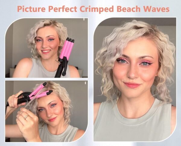 Mini Crimper for Short Hair 1/2 Inch, Small Beach Waves Tool, 3 Barrel Waver With Argan Oil Infused, Easy to Use Curling Iron