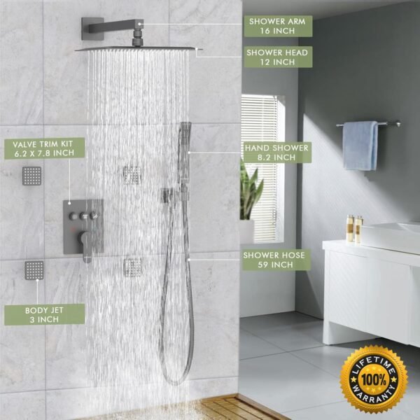 Shower Faucets Sets Matte Black Shower System with Body Jets,Bostingner 12" Rain Shower Head with Handheld Spray,Can Use at Same Time,3 Way Push Button Diverter Shower Set with Valve Kit Complete