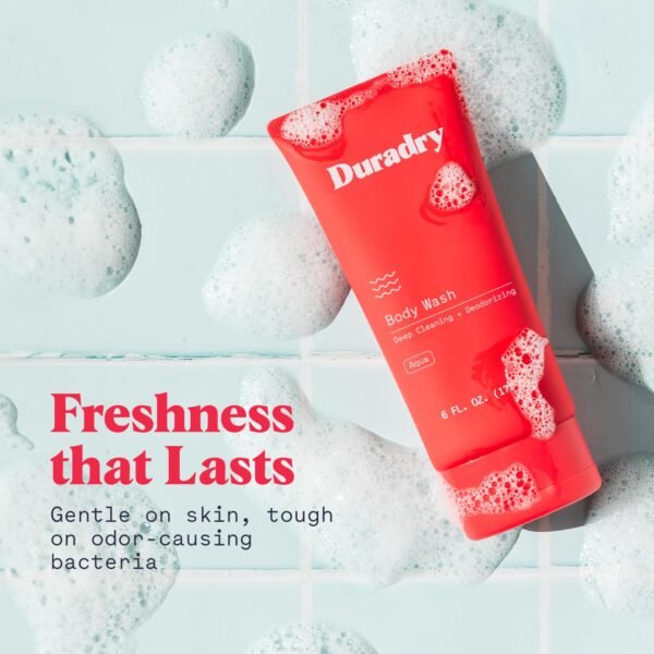 Duradry Deodorizing Body Wash for Women and Men - Odor control, Deep Cleansing, Nourishes, and Moisturizes Skin, Made with Natural Ingredients - Aqua Fragrance, 6 Fl Oz