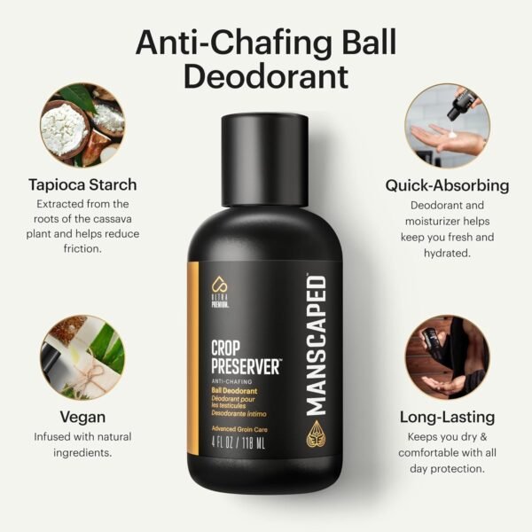 MANSCAPED® The Crop Preserver®, Men's Ball Deodorant, Male Care Hygiene Moisturizer, Anti-Chafing Groin Protection with Cooling Aloe Vera, Refined® Scent, 4oz