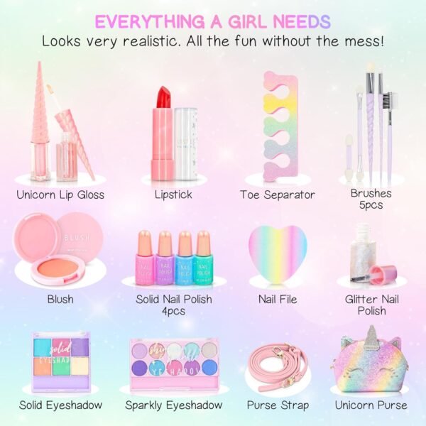 Kids Real Makeup Kit for Girls: No Talc, Washable Make Up Set with Unicorn Purse - Toy Gift for Little Girls & Toddlers Age 3 4 5 6 7 8 9 10 11 12 Years Old - Pretend Play Birthday Gifts