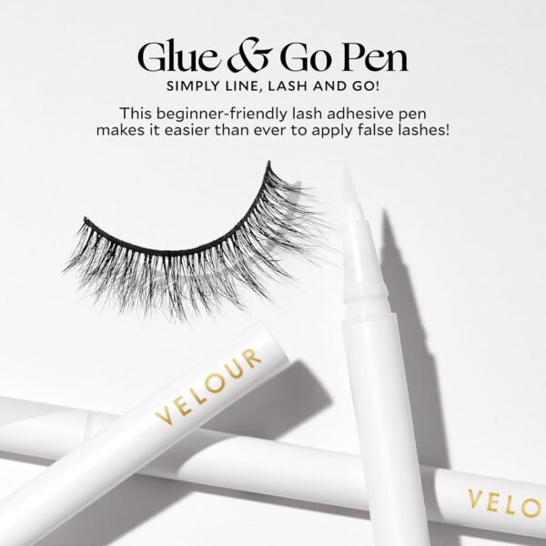 Velour Glue & Go Pen Clear Lash Adhesive - Precision Tip Lash Glue Liner Pen - Beginner Friendly Lash Adhesive Pen for False Eyelashes - Gentle & Dermatologist Tested - Eyelash Glue Pen Dries Clear
