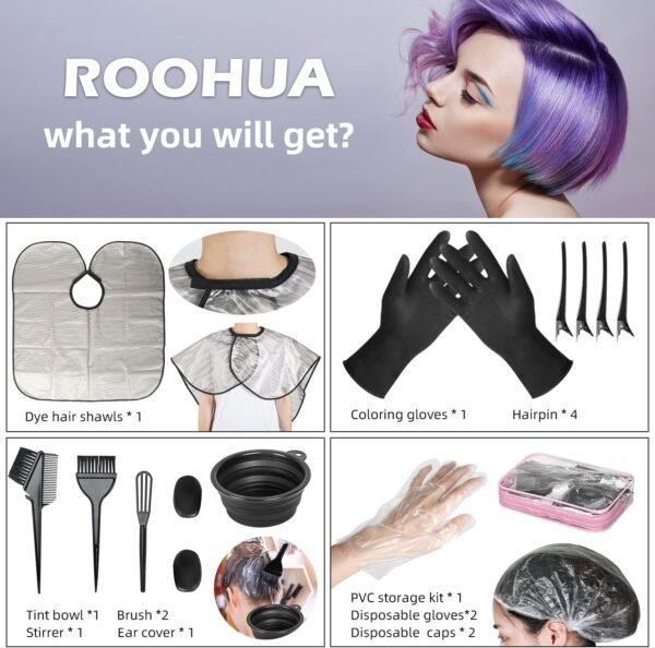 71-7WdEoehL._AC_SL1500_.jpg ROOHUA 16 Pieces Hair Dye Coloring Kit- Hair Tinting Bowl, Hair agitator, Dye Brush, Ear Cover, Hairpin, Hair Coloring Cape For Hair Dye Tools