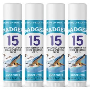 71-9InMoMoL._SL1500_.jpg Badger Mineral Sunscreen Lip Balm SPF 15, Reef Safe, Zinc Oxide, Unscented, Travel Size, SPF Lip Balm Sunscreen Stick, .15 oz 4-Pack