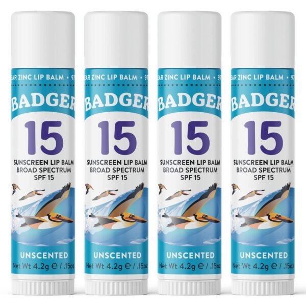 71-9InMoMoL._SL1500_.jpg Badger Mineral Sunscreen Lip Balm SPF 15, Reef Safe, Zinc Oxide, Unscented, Travel Size, SPF Lip Balm Sunscreen Stick, .15 oz 4-Pack