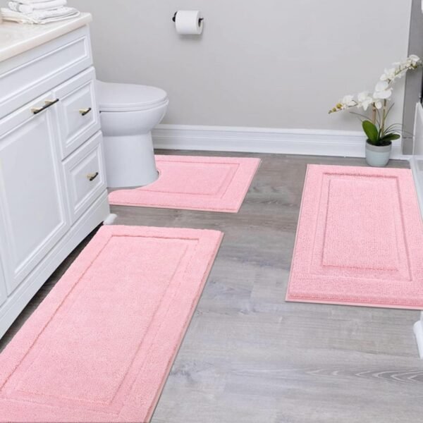 SHACOS Soft Fluffy Bathroom Runner Rugs Set of 3 Bath Mats with U Shape Toilet Rugs Non Slip Washable Bath Rugs Absorbent Bathroom Carpet for Shower Tub, Pink