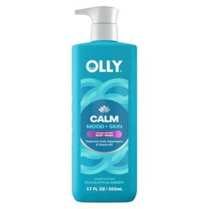 OLLY Calm Body Wash with Hyaluronic Acid, Adaptogens & Vitamin B3– Nourishing Cleanser for Skin Barrier Repair, Deep Hydration, Eucalyptus Amber Scent, 17oz