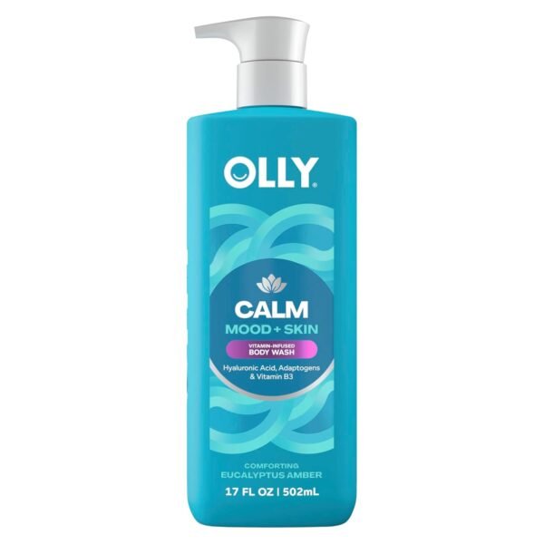 OLLY Calm Body Wash with Hyaluronic Acid, Adaptogens & Vitamin B3– Nourishing Cleanser for Skin Barrier Repair, Deep Hydration, Eucalyptus Amber Scent, 17oz