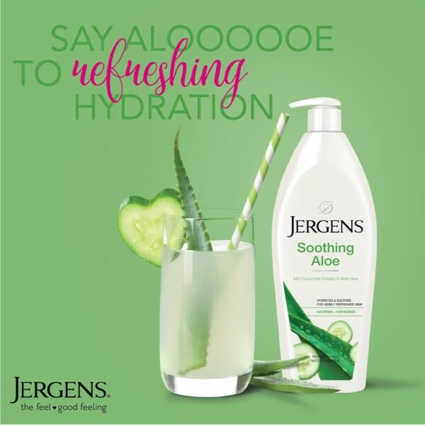 Jergens Soothing Aloe Body Lotion, Aloe Vera Body and Hand Moisturizer, Illuminating Hydralucence Blend, with Cucumber Extract, Dermatologist Tested, 21 Oz
