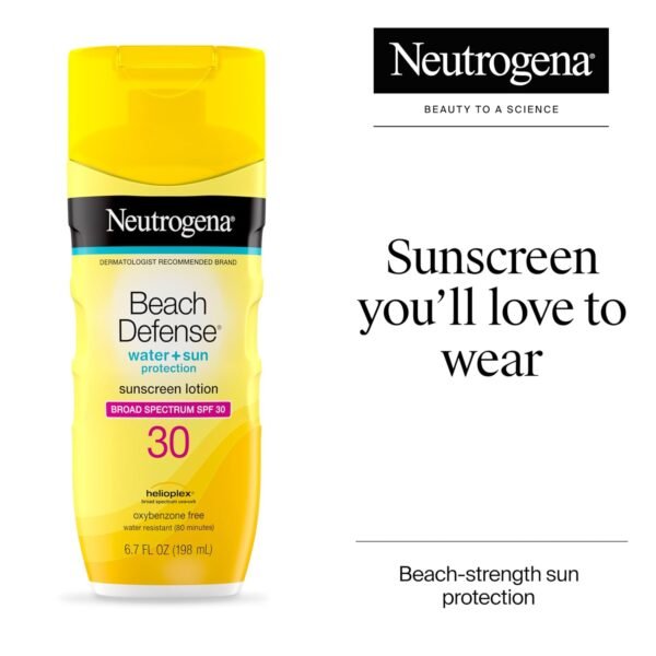 Neutrogena Sunscreen Lotion Beach Defense SPF 30, 6.7 fl oz, Face and Body Sunscreen, Oil Free, Fast Absorbing, Oxybenzone Free Sun Care