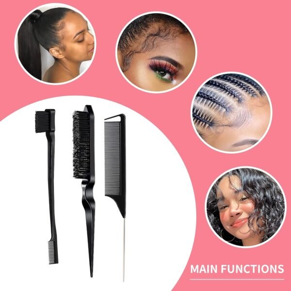 71-mbmX8EwL._SL1500_.jpg 3 Pieces Hair Styling Comb Set Teasing Brush Rat Tail Comb Edge Brush for Edge&Back Brushing, Combing, Slicking Hair for Women (Black)