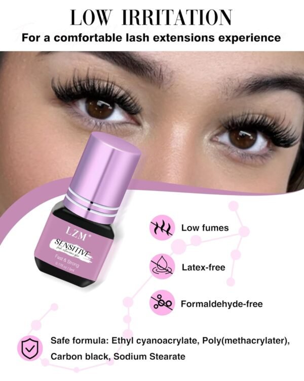 71-n3U2bV8L._SL1500_.jpg Sensitive Eyelash Extension Glue - 6-7weeks Long Lasting / 1s Drying Time/Strong Hold/Hypoallergenic/Latex-Free Professional Lash Extension Glue LZM (Black 0.17fl.Oz/5ml)