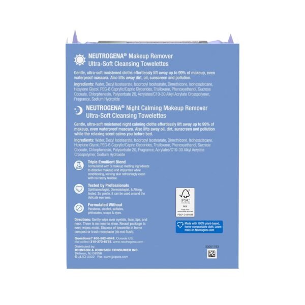 Neutrogena Day & Night Facial Cleansing Wipes, Makeup Remover Face Cleansing Towelettes & Night Calming Facial Cloths, 100% Plant Based Fibers Wipe Away Dirt & Oil, (3 Packs of 25)