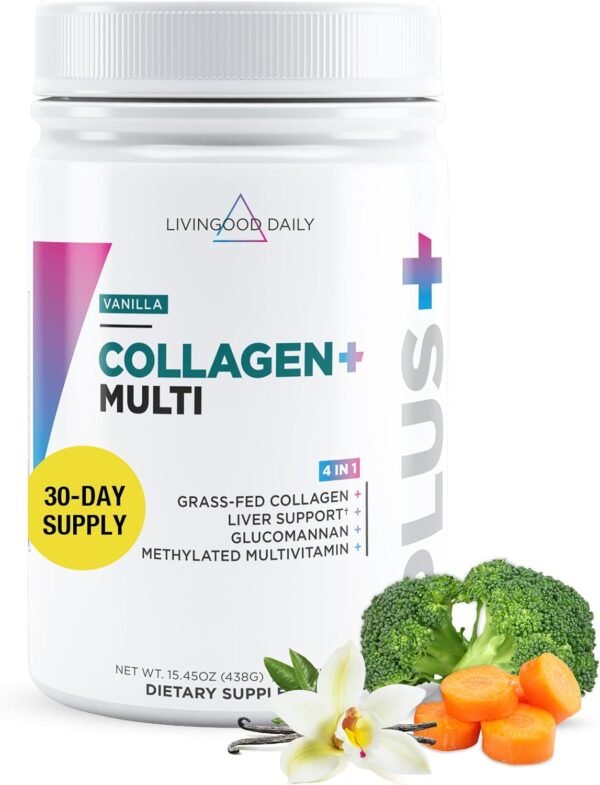 710FZZOd99L._AC_SL1500_.jpg Livingood Daily Collagen Powder for Women and Men, Vanilla, Grass Fed Protein, Hydrolyzed Collagen Peptides with Vitamin C & Multi Vitamins for Hair, Skin, Nail & Gut Health, Gluten Free, 30 Servings