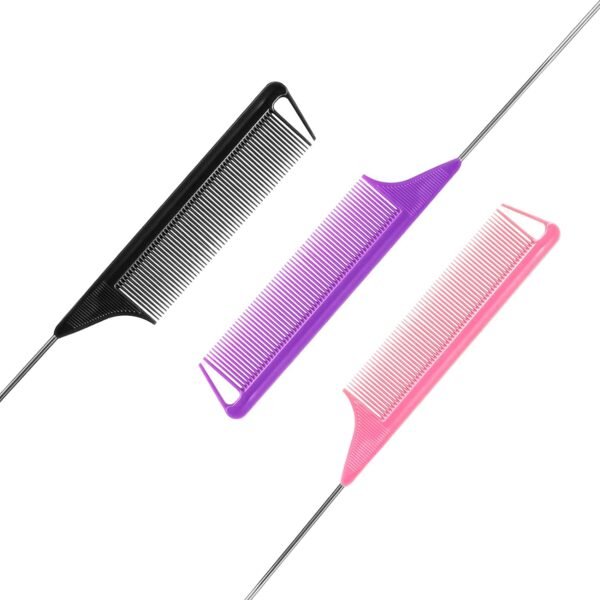 710Jb9fy75S._SL1500_.jpg Rat Tail Combs Set: 3Pcs Long Steel Pin Teasing Combs for Salon Hair Stylists, Metal Parting Combs for Women (Purple, Black, Pink)