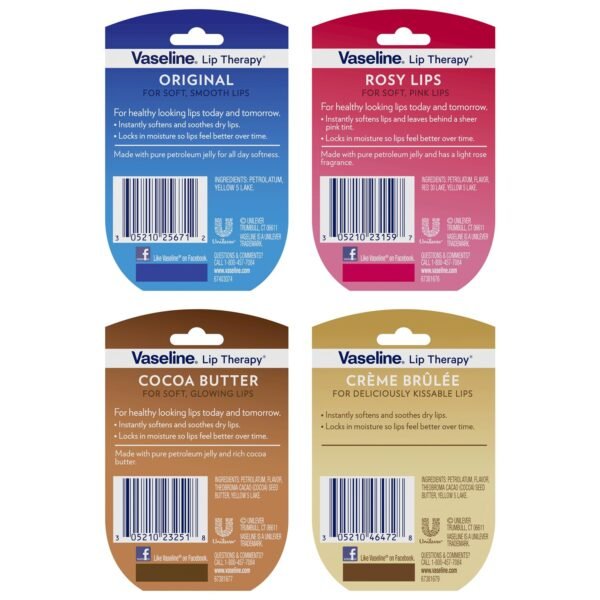 710U32ORA-L._SL1500_.jpg Vaseline Lip Therapy Variety 8-Pack – Original, Crème Brûlée, Rosy Lips, Cocoa Butter Mini Lip Balms for Soft, Glowing, and Deliciously Kissable Lips, 0.25 Oz Ea
