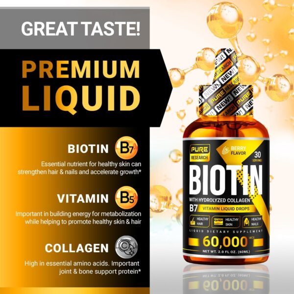 PURE RESEARCH Liquid Biotin & Collagen Hair Growth Drops 60,000mcg - Biotin and Liquid Collagen Supplement for Men & Women - Glowing Skin Support, Healthy Hair & Nail Growth - 2oz