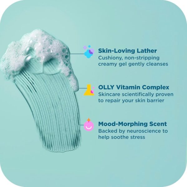 OLLY Calm Body Wash with Hyaluronic Acid, Adaptogens & Vitamin B3– Nourishing Cleanser for Skin Barrier Repair, Deep Hydration, Eucalyptus Amber Scent, 17oz