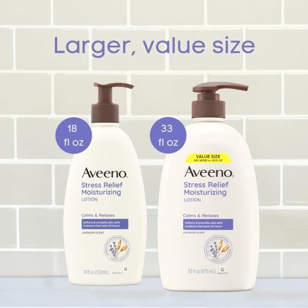 710mAywaAlL._SL1500_.jpg Aveeno Stress Relief Moisturizing Body Lotion 33 Fl Oz, Lavender Scent with Prebiotic Oat, Hydrating 24-Hour Moisturizer Non-Greasy for Dry Sensitive Skin, Paraben & Dye Free, Calming & Relaxing