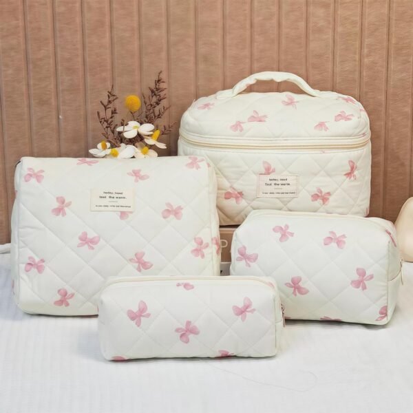 710tcDdFniL._AC_SL1500_.jpg 4 Piece Cute Pink Bow Quilted Makeup Bag Set, Large Capacity Travel Makeup Bags for Women and Girls, Includes Small, Small-Medium,Medium, and Large aesthetic makeup&Cosmetic Bags (4PCS-Pink Bow)