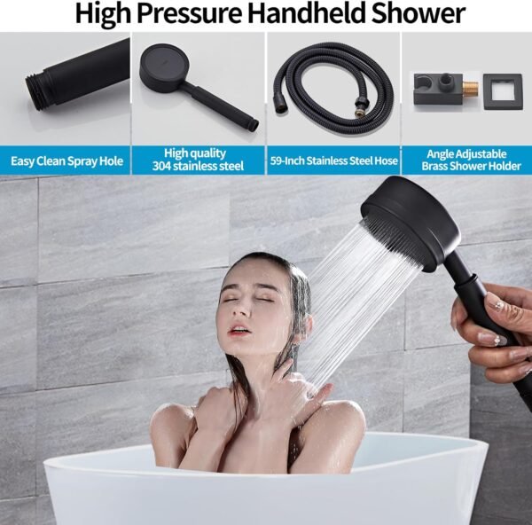 Matte Black Shower Tub Faucet Set, Wall Mounted 8 Inch Shower Heads with Handheld Spray Combo and Tub Shower Faucet, Luxury Bathroom Square Rain Shower System - 4 Hooks