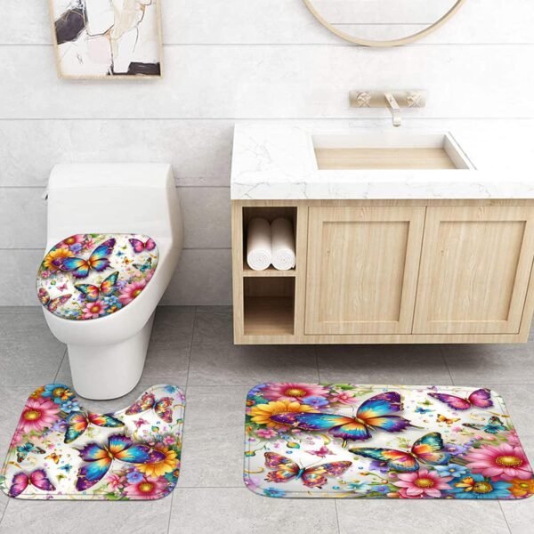 4-Piece Butterfly Floral Shower Curtain Set Colorful Butterfly Bathroom Set with Shower Curtain and Rugs, High-End Design Bath Curtain with Hooks for Home Decor