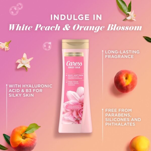 Caress Body Wash for Women, Daily Silk White Peach & Orange Blossom, Shower Gel Body Wash Moisturizing for Noticeably Silky, Soft Skin, 20 fl oz, 4 Pack