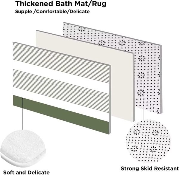 DDQQ 4Pcs Boho Streak Shower Curtain Sets with Rugs Sage Green Stripe Bathroom Sets Shower Curtain with 12 Hooks Bathroom Decor with Rugs Bath Accessories with Mats Toilet Lid Cover