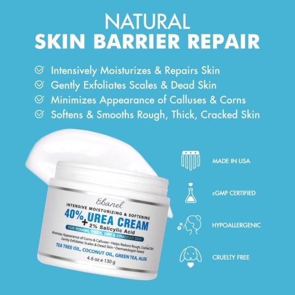 711aFHOKqlL._SL1500_.jpg Ebanel Urea Cream 40% plus Salicylic Acid 2%, Foot Cream for Dry Cracked Heels Feet Knees Elbows Hands, Foot Dead Skin Cuticle Callus Remover Toenail Softener, Keratolytic Skin Barrier Repair
