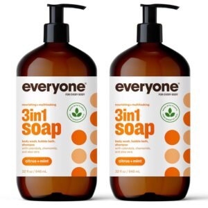 Everyone 3-in-1 Soap, Body Wash, Bubble Bath, Shampoo, 32 Ounce (Pack of 2), Citrus and Mint, Coconut Cleanser with Plant Extracts and Pure Essential Oils