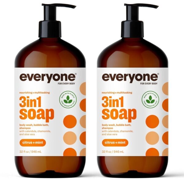 Everyone 3-in-1 Soap, Body Wash, Bubble Bath, Shampoo, 32 Ounce (Pack of 2), Citrus and Mint, Coconut Cleanser with Plant Extracts and Pure Essential Oils