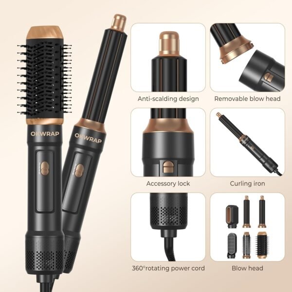 6 in ONE Blow Dryer Brush,Air Curling Iron Round Brush for Blow Out 800W,Ionic Hair Dryer Brush for Women, Blowout Brush Air Styler Curler (Black Gold)