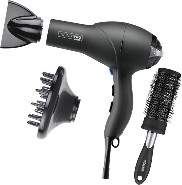712HnHzq2yL._AC_SL1500_.jpg INFINITIPRO by CONAIR Hair Dryer with Diffuser | Salon Performance AC Motor Blow Dryer | Includes Diffuser, Concentrator and Bonus Blow-Out Brush | Grey - Amazon Exclusive | Packaging May Vary