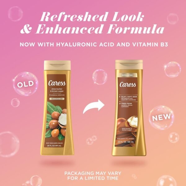Caress Body Wash for Women, Shea Butter & Brown Sugar, Hydrating and Exfoliating Shower Gel for Gorgeous Radiant Skin, 20 fl oz, 4 Pack