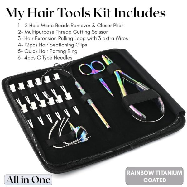 Hair Extension Tools Kit Includes 2 HoleMicro Beads Microlink Crimping Plier, 12pcs Sectioning Clips, Quick Parting Tool, Mini Scissor & C Type Needles, Loop Tool (Rianbow)