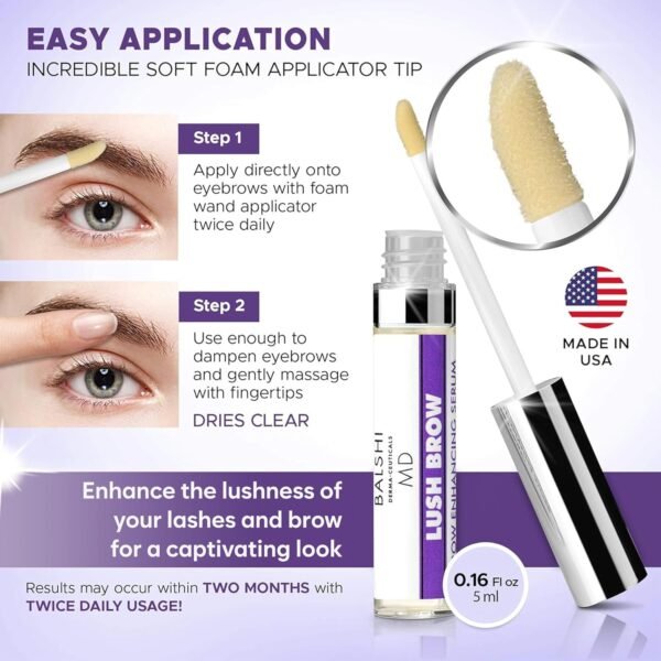 Lush Brow Eyebrow & Eyelash Rapid Growth Serum with Growth Peptides, Dermatologist Developed Eyelash Serum to Grow Lashes, Brow & Lash Enhancing Serum to Grow Fuller Eyelashes & Eyebrows, .16 oz/5ml