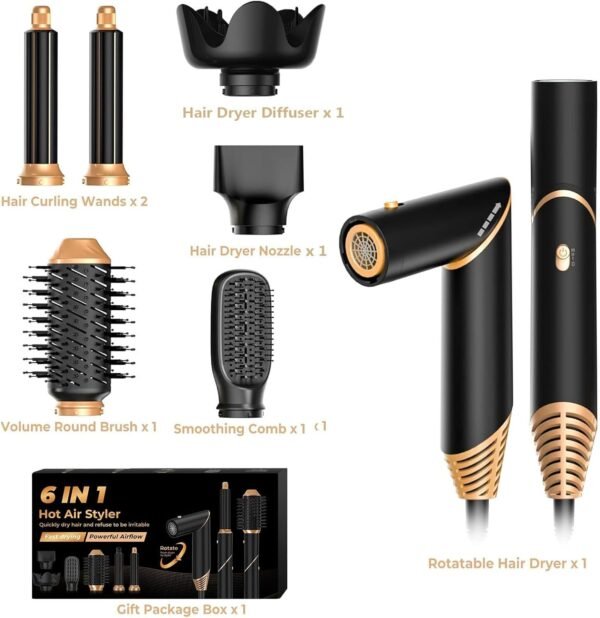 6 in 1 Hair Dryer Brush, Foldable Blow Dryer Brush with Wrap Curler, Detachable Air Hair Styler Curling, Drying,Volumizing, Straightening, Negative Ionic Hair Dryer with Diffuser, Hair Styling Tools